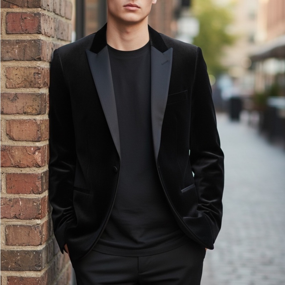 [TopUS38/Pants30]Zara Party Collection Men's Black Tailored Fit Velvet Suit
